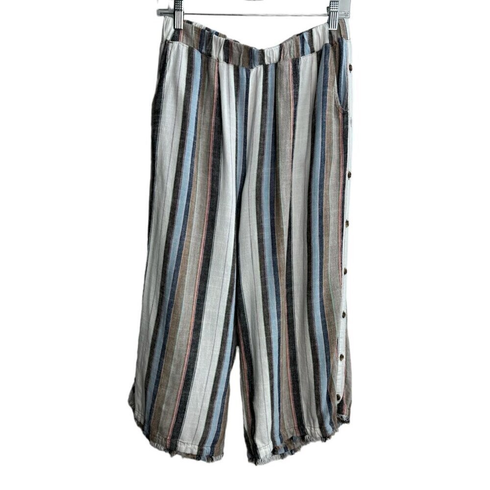 For the Republic Striped Linen-Blend Cropped Wide-Leg Pants Women's Size L